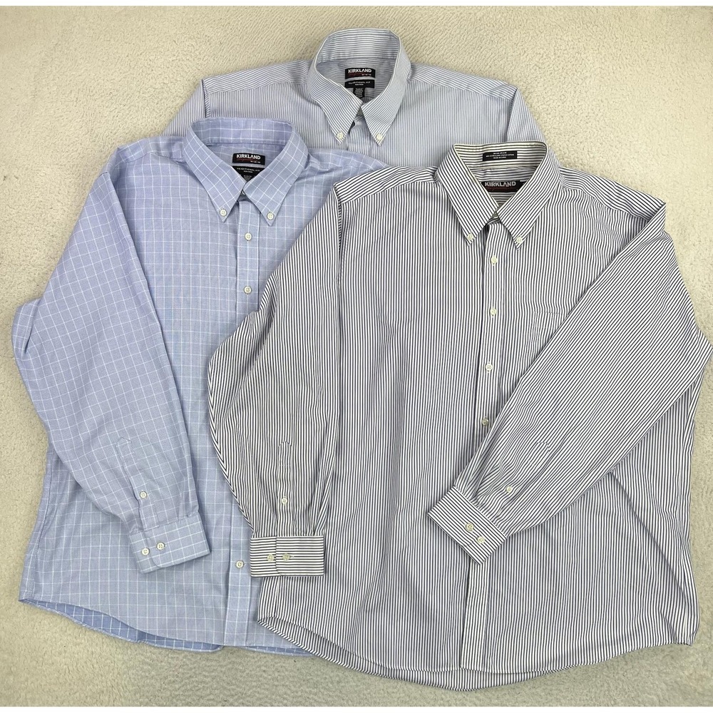 Kirkland Signature Dress Shirts LOT OF 3 Mens 18 34/35 Blue Stripe Non Iron LS